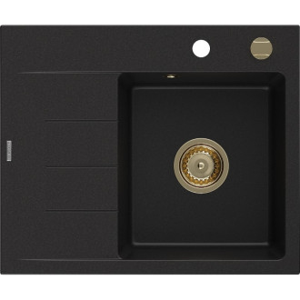 Jednodřezový žulový dřez Mexen Ben s odkapávačem, pravý, 600 x 500 mm, černý, zlatý sifon - 6523605000-77-G