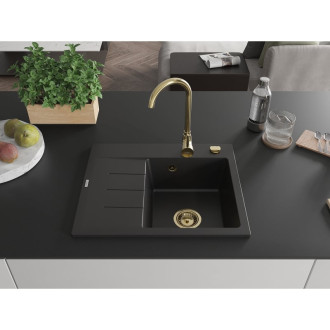 Jednodřezový žulový dřez Mexen Ben s odkapávačem, pravý, 600 x 500 mm, černý, zlatý sifon - 6523605000-77-G
