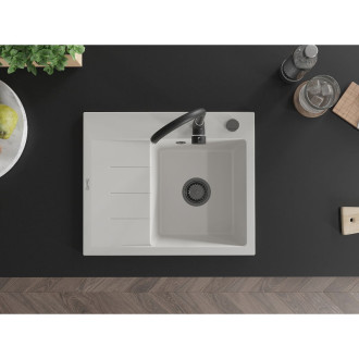 Jednodřezový žulový dřez Mexen Ben s odkapávačem, pravý, 600 x 500 mm, bílý, černý sifon - 6523605000-20-B