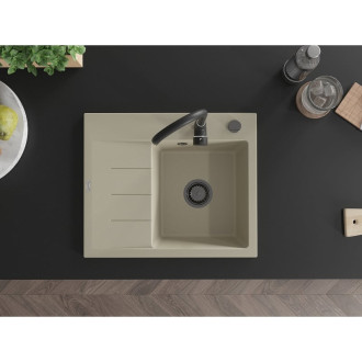 Jednodřezový žulový dřez Mexen Ben s odkapávačem, pravý, 600 x 500 mm, béžový, černý sifon - 6523605000-69-B