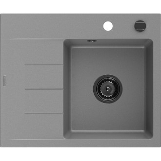 Jednodřezový žulový dřez Mexen Ben s odkapávačem, pravý, 600 x 500 mm, šedý, černý sifon - 6523605000-71-B