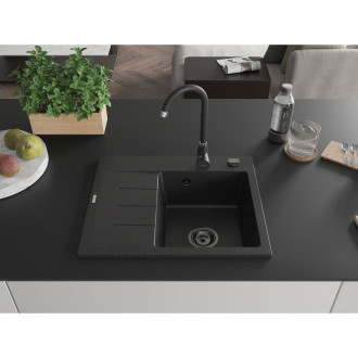 Jednodřezový žulový dřez Mexen Ben s odkapávačem, pravý, 600 x 500 mm, černá/stříbrná metalíza, černý sifon - 6523605000-73-B