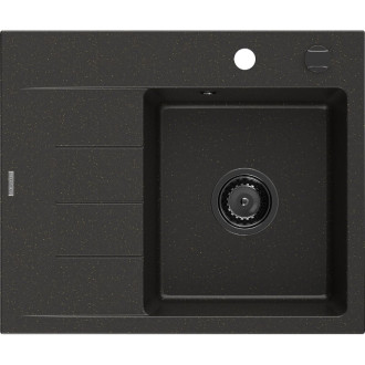 Jednodřezový žulový dřez Mexen Ben s odkapávačem, pravý, 600 x 500 mm, černá/zlatá metalíza, černý sifon - 6523605000-75-B