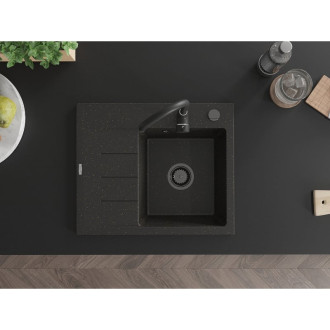 Jednodřezový žulový dřez Mexen Ben s odkapávačem, pravý, 600 x 500 mm, černá/zlatá metalíza, černý sifon - 6523605000-75-B