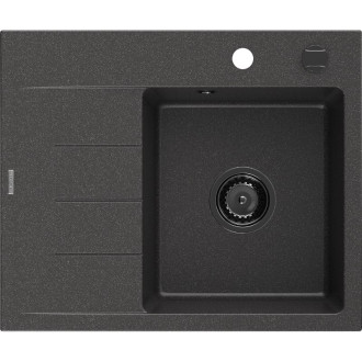 Jednodřezový žulový dřez Mexen Ben s odkapávačem, pravý, 600 x 500 mm, tečkovaná černá, černý sifon - 6523605000-76-B