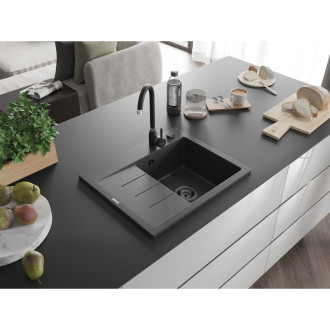 Jednodřezový žulový dřez Mexen Ben s odkapávačem, pravý, 600 x 500 mm, tečkovaná černá, černý sifon - 6523605000-76-B