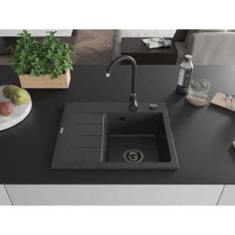 Jednodřezový žulový dřez Mexen Ben s odkapávačem, pravý, 600 x 500 mm, tečkovaná černá, černý sifon - 6523605000-76-B