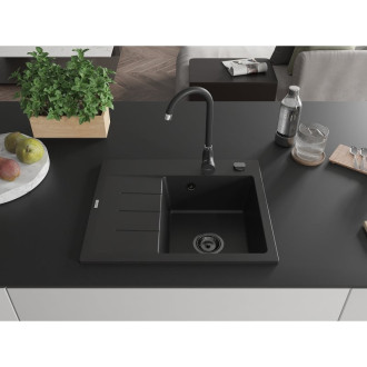Jednodřezový žulový dřez Mexen Ben s odkapávačem, pravý, 600 x 500 mm, černý, černý sifon - 6523605000-77-B