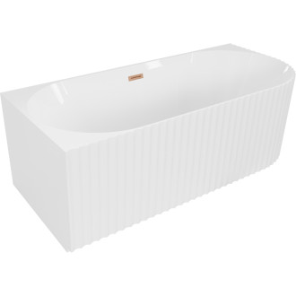 Volně stojící rohová vana Mexen Gia s drážkovaným přepadem levá 150 x 75 cm, lesklá bílá, přepad kartáčovaná měď - 52701507500L-65