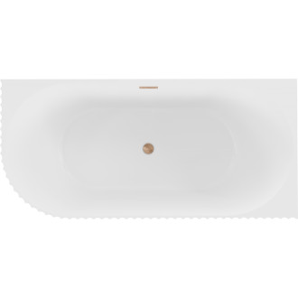 Volně stojící rohová vana Mexen Gia, drážkovaná, pravá, 150 x 75 cm, matná bílá, přepad kartáčovaná měď - 52701507501P-65
