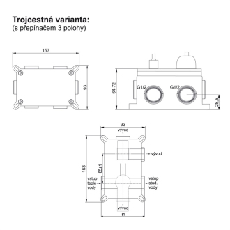 Mereo Sonáta sprchová baterie podomítková s trojcestným přepínačem, hranatý kryt CB60157C