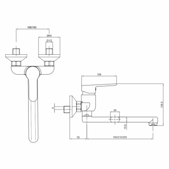 Mereo Zuna dřezová baterie nástěnná 150 mm s ramínkem plochým rovným 160 mm CB30202Z