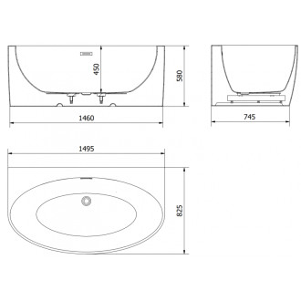 Volně stojící závěsná vana Mexen Bruna 150 x 82 cm, lesklá bílá, kartáčovaný přepad v barvě pistole gray - 52731508200-66