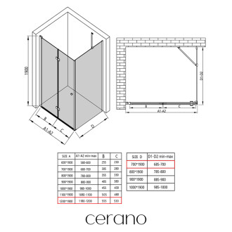 CERANO - Sprchový kout Volpe L/P - 6 mm - černá matná, transparentní sklo - 120x70x190 cm - zalamovací