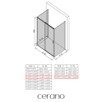 CERANO - Třístěnný sprchový kout Varone LINE U L/P - 6 mm - černá matná, mléčné sklo - 120x100 cm - posuvný