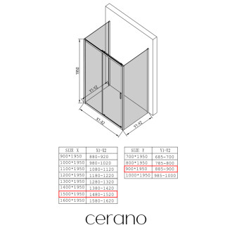 CERANO - Třístěnný sprchový kout Varone LINE U L/P - 6 mm - černá matná, transparentní sklo - 150x90x195 cm - posuvný