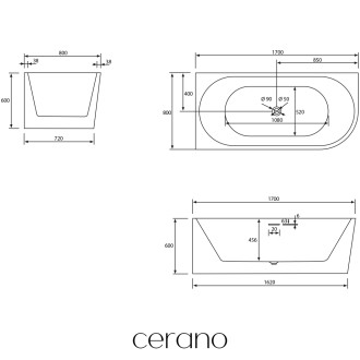 CERANO Volně stojící akrylátová vana Bianco, levá černá mat 170x80
