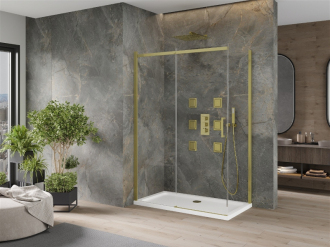 Mexen Omega sprchový kout 140x70 cm, průhledná, zlatá + vanička 825-140-070-50-00-4010