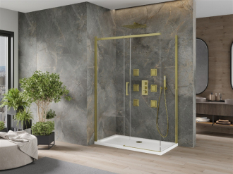 Mexen Omega sprchový kout 140x70 cm, průhledná, zlatá + vanička 825-140-070-50-00-4010