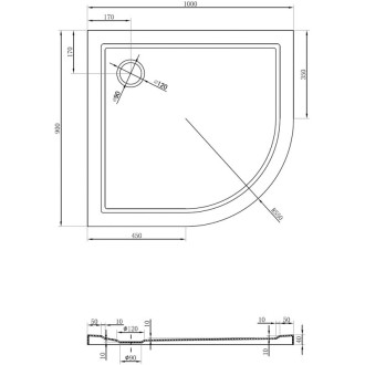 Mexen Flow půlkruhová asymetrická sprchová vanička, úzká, levá, 100 x 90 cm, lesklá bílá - 46Q109010L