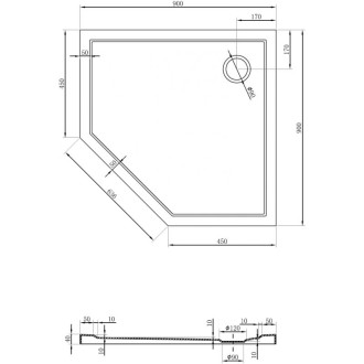Mexen Flow úzká pětiúhelníková sprchová vanička 90 x 90 cm, matná černá - 46P709090