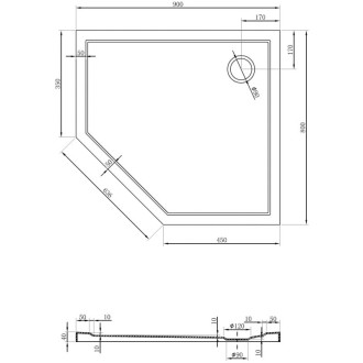 Mexen Flow úzká pětiúhelníková sprchová vanička pravá 90 x 80 cm, matná černá - 46P708090R