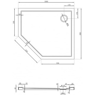 Mexen Flow úzká pětiúhelníková sprchová vanička pravá 100 x 80 cm, matná černá - 46P708010R