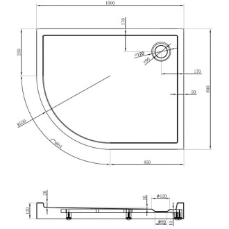 Mexen Flow+ půlkruhová asymetrická pravá sprchová vanička 100 x 80 cm, matná černá - 46Q708010RH
