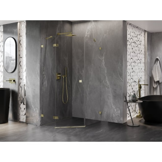 Sprchový kout Mexen Lunar pětiúhelníkový, levý, výklopný, 90 x 100 cm, průhledný, zlatý - 831-090L-100P-50-00-L