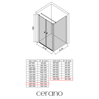CERANO - Sprchový kout Antelo L - L/P - 6 mm - černá matná, transparentní sklo - 140x100 cm - otočný