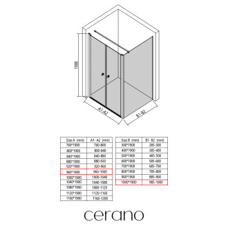 CERANO - Sprchový kout Antelo L - L/P - 6 mm - černá matná, transparentní sklo - 96x100 cm - otočný