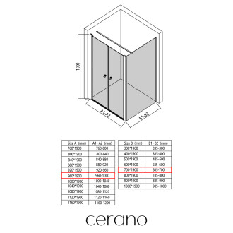 CERANO - Sprchový kout Antelo L - L/P - 6 mm - černá matná, transparentní sklo - 96x70 cm - otočný