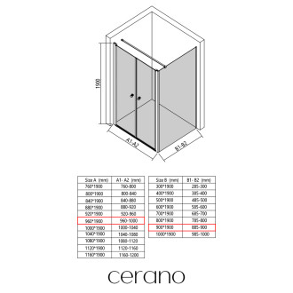 CERANO - Sprchový kout Antelo L - L/P - 6 mm - černá matná, transparentní sklo - 96x90 cm - otočný