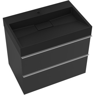 CERANO - Koupelnová skříňka Velora - černá matná - úchytka chrom + umyvadlo s otvorem pro baterii z litého mramoru Vita  - černá - 69x49,8x46 cm