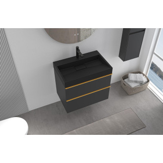 CERANO - Koupelnová skříňka Velora - černá matná - úchytka zlatá + umyvadlo s otvorem pro baterii z litého mramoru Vita  - černá - 69x49,8x46 cm