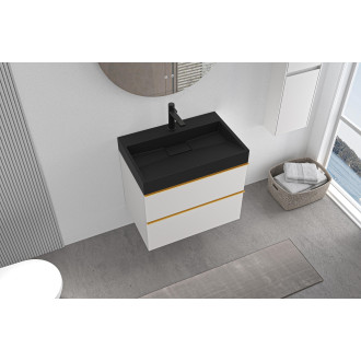 CERANO - Koupelnová skříňka Velora - bílá matná - úchytka zlatá + umyvadlo s otvorem pro baterii z litého mramoru Vita  - černá - 69x49,8x46 cm