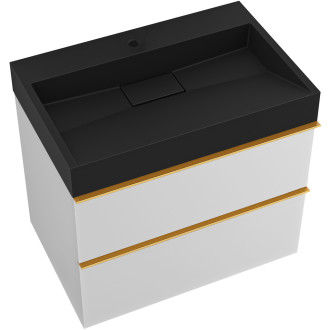 CERANO - Koupelnová skříňka Velora - bílá matná - úchytka zlatá + umyvadlo s otvorem pro baterii z litého mramoru Vita  - černá - 69x49,8x46 cm