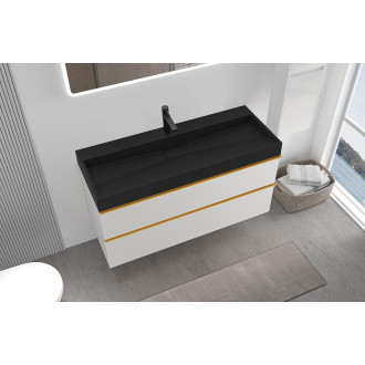 CERANO - Koupelnová skříňka Velora - bílá matná - úchytka zlatá + umyvadlo s otvorem pro baterii z litého mramoru Vita  - černá - 99x49,8x46 cm