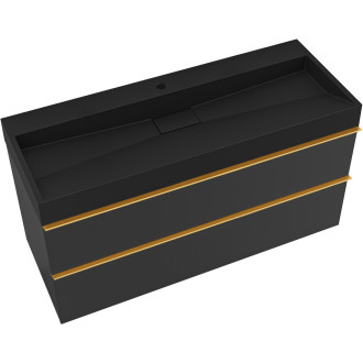 CERANO - Koupelnová skříňka Velora - černá matná - úchytka zlatá + umyvadlo s otvorem pro baterii z litého mramoru Vita  - černá - 99x49,8x46 cm