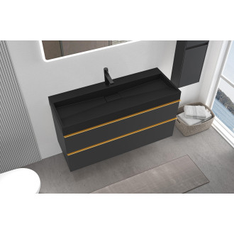 CERANO - Koupelnová skříňka Velora - černá matná - úchytka zlatá + umyvadlo s otvorem pro baterii z litého mramoru Vita  - černá - 99x49,8x46 cm