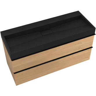 CERANO - Koupelnová skříňka Velora - dub medový - úchytka černá + umyvadlo  z litého mramoru Vita  - černá - 99x49,8x46 cm