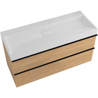 CERANO - Koupelnová skříňka Velora - dub medový - úchytka černá + umyvadlo  z litého mramoru Vita - bílá lesklá - 99x49,8x46 cm