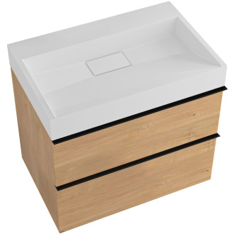 CERANO - Koupelnová skříňka Velora - dub medový - úchytka černá + umyvadlo  z litého mramoru Vita - bílá matná - 69x49,8x46 cm