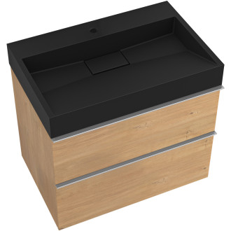 CERANO - Koupelnová skříňka Velora - dub medový - úchytka chrom + umyvadlo s otvorem pro baterii z litého mramoru Vita  - černá - 69x49,8x46 cm