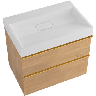 CERANO - Koupelnová skříňka Velora - dub medový - úchytka zlatá + umyvadlo  z litého mramoru Vita - bílá lesklá - 69x49,8x46 cm