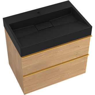 CERANO - Koupelnová skříňka Velora - dub medový - úchytka zlatá + umyvadlo s otvorem pro baterii z litého mramoru Vita  - černá - 69x49,8x46 cm