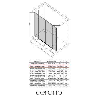 CERANO Sprchové 2-křídlové dveře Marino L/P černá mat, transparent sklo 100x90 CER-543862