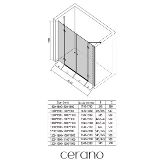 CERANO Sprchové 2-křídlové dveře Marino L/P černá mat, transparent sklo 110x100 CER-543853