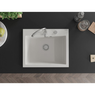 Jednodřezový žulový dřez Mexen Elix 600 x 500 mm, bílý, chromovaný sifon - 6525601005-20