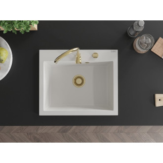 Jednodřezový žulový dřez Mexen Elix 600 x 500 mm, bílý, zlatý sifon - 6525601005-20-G